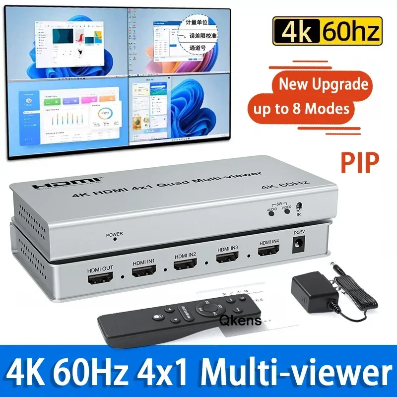 4K 60Hz HDMI Multiviewer 4x1 Seamless Switch Quad Screen Multi-Viewer Support 90° 180° 270° Flip PIP Picture in Picture 8 Modes