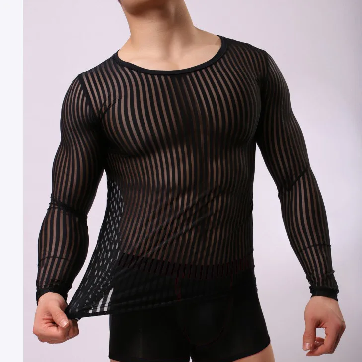 Men's Breathable Quick Drying Training Tight T-shirt Sexy See-through Men T-shirt Muscle Men Stretch Casual Base Long Sleeve Tee
