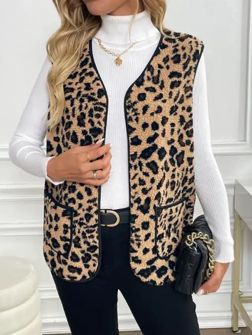 Nuovo gilet senza maniche in peluche con stampa leopardata autunno e inverno per giacca gilet in peluche senza maniche calda a tubo dritto casual da donna