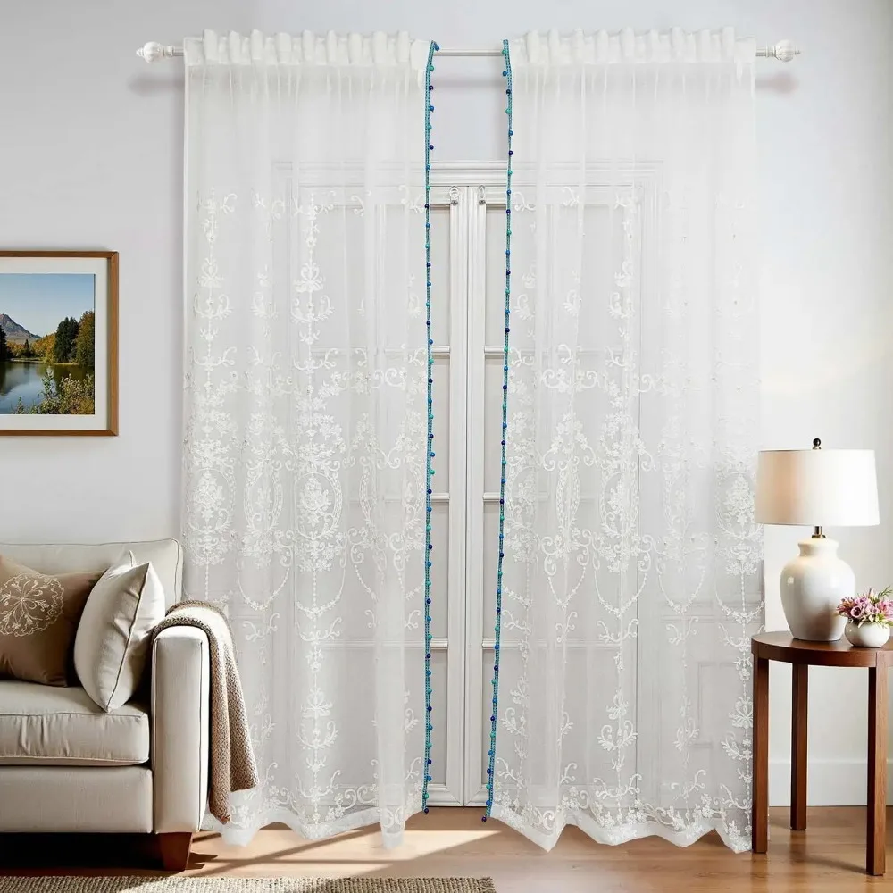 Light Luxury Pearl Embroidery Tulle Curtain with Blue Beads Tassels for Living Room, Villa, Bedroom, Terrace, Office