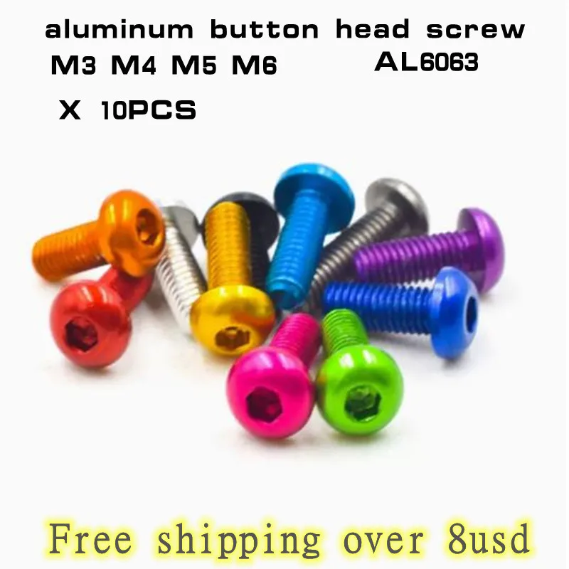 10pcs Aluminum Button Head Screw M3 M4 M5 M6*5/6/8/10/12/16/20/25/30 Colourful Aluminum Hex Socket Head Screw