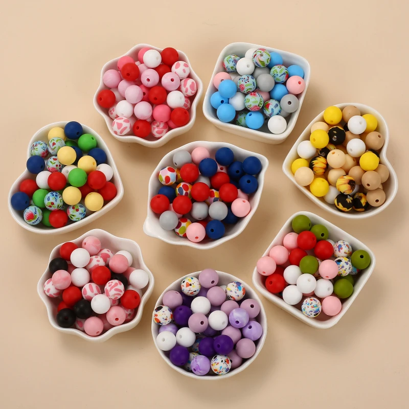 

50Pcs 12mm Mixed Print Silicone Round Beads Sunflower Leopard Teething Beads for DIY Baby Pacifier Chain Clips Jewelry Making