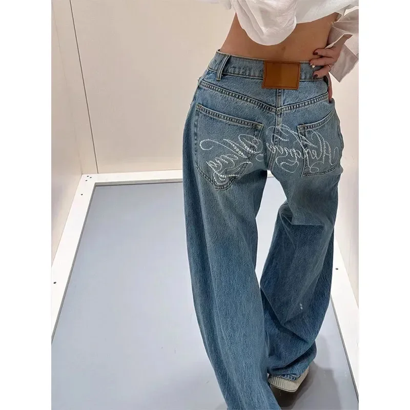 

New Gradient Spring 2025 Blue Jeans Women Y2K Vintage High Waisted Jeans Straight Streetwear Loose Large Wide Leg Denim Pants