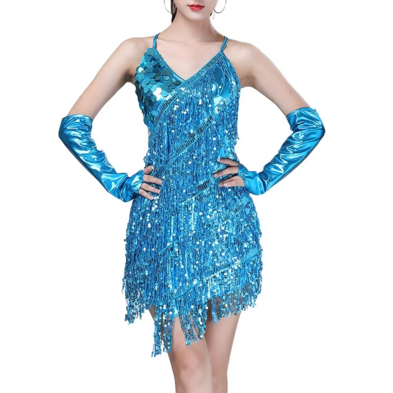 Women Sequins Latin Dance Dress Adult Lady Sexy Tassel Fringe Salsa Ballroom Tango Cha Cha Rumba Samba Dancewear with Gloves