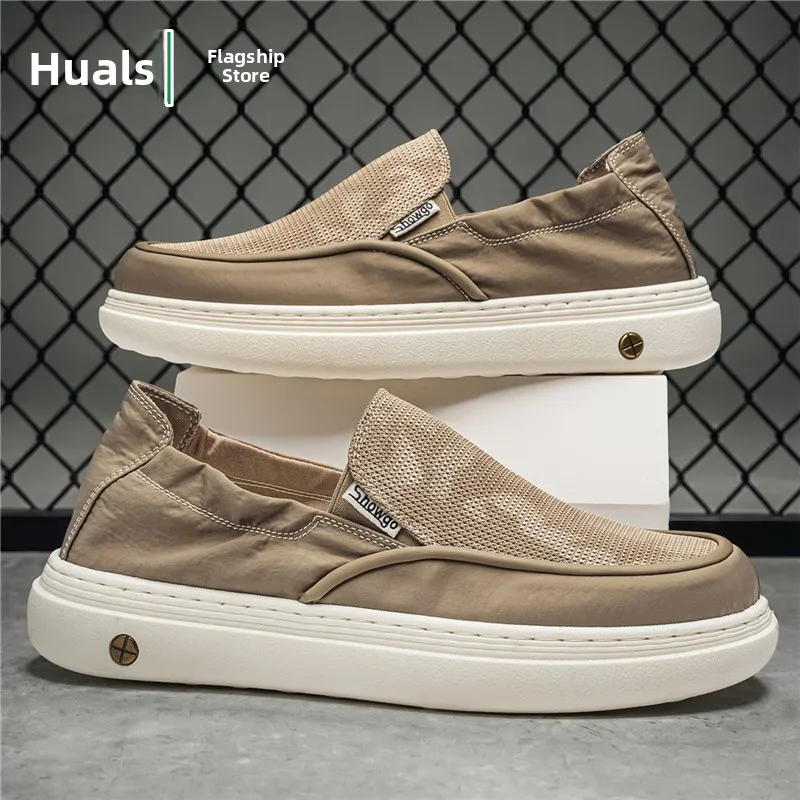 

Men's Canvas Shoes Summer Breathable Ice Silk Soft Bottom Slip-On Casual Board Shoes Korean Style round Toe Low Heel Rubber Sole