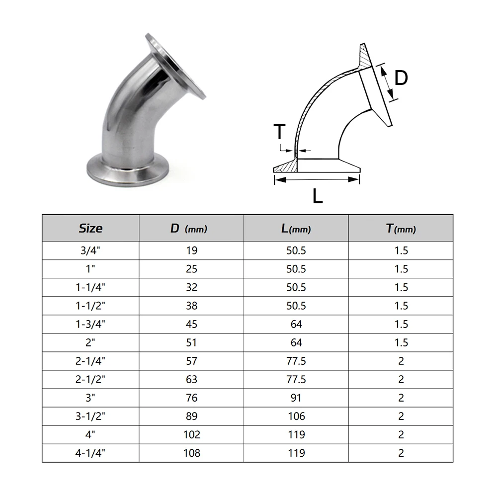 304 Stainless Steel Sanitary 45 Degree Quick Clamp Elbow, Mirror Polished Tri Clamp Ferrule Pipe Fitting 19mm-108mm K50.5~K119mm