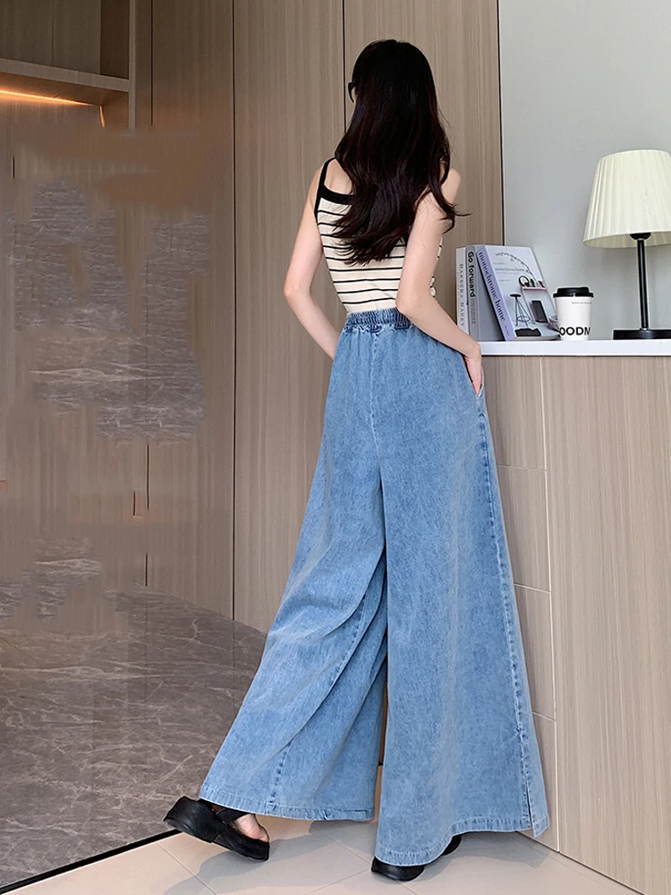 2025 Elastic Waist Loose-Fit Plus Size Women's Jeans Slimming Wide-Leg Ground-Length Simple Culottes Casual Pants Spring NEW