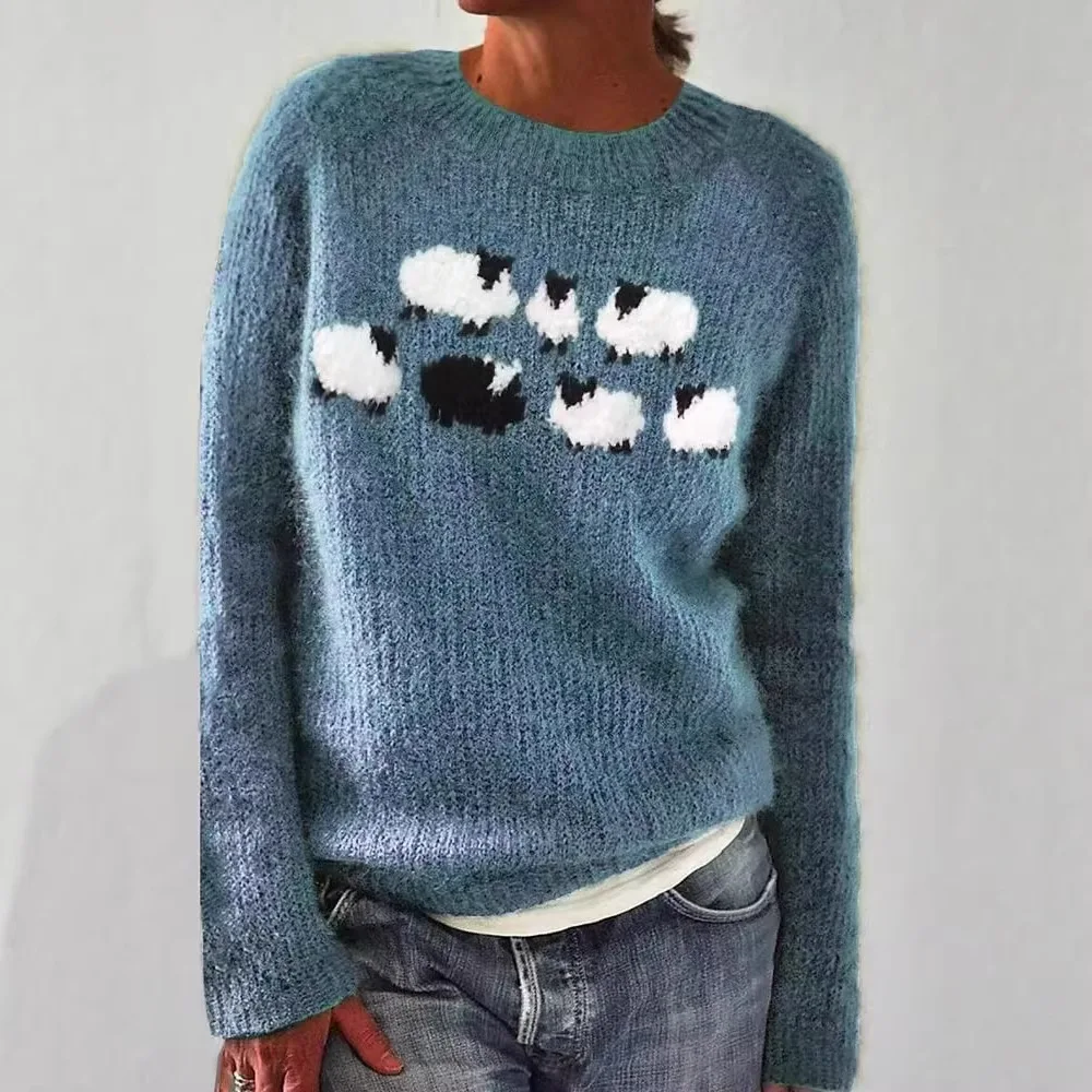 Women Fuzzy Mohair Knit Sweater Round Neck Long Sleeve Pullover Vintage Casual Daily Autumn Winter Fashion Ladies Knitwear Top