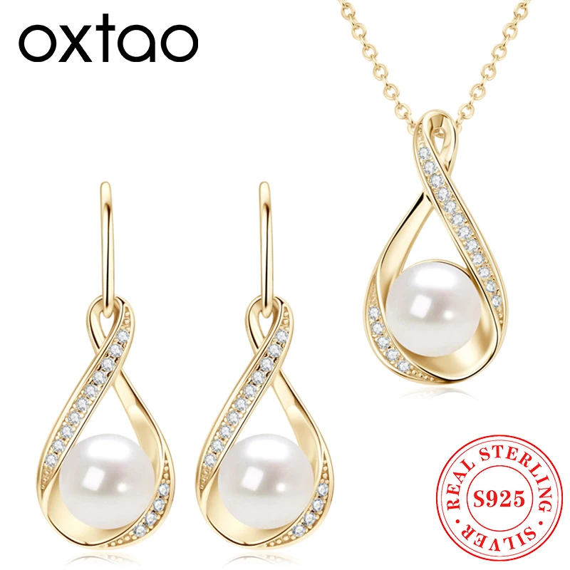 

OXTAO 925, серебряный кулон «Бесконечность», ожерелье, серьги с пресноводным жемчугом, комплект ювелирных изделий для женщин, муассанит, натуральный пресноводный жемчуг