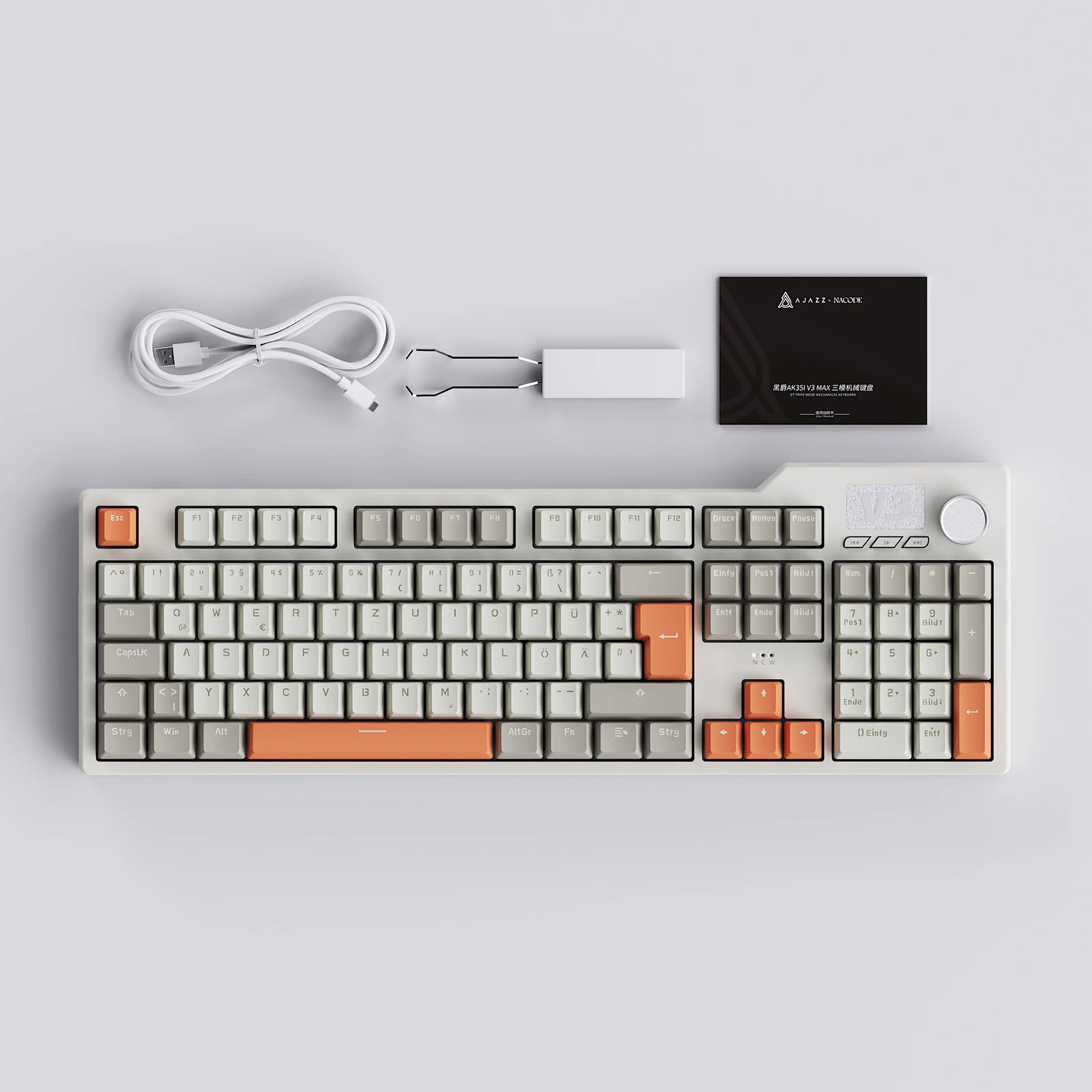 AJAZZ AK35I V3 Bedraad mechanisch toetsenbord — Volledige 104-toetsen lay-out (QWERTZ Duitse ISO lay-out), volledig hot-swappable, metalen media-bedieningsknop, lichteffecten, gasketstructuur