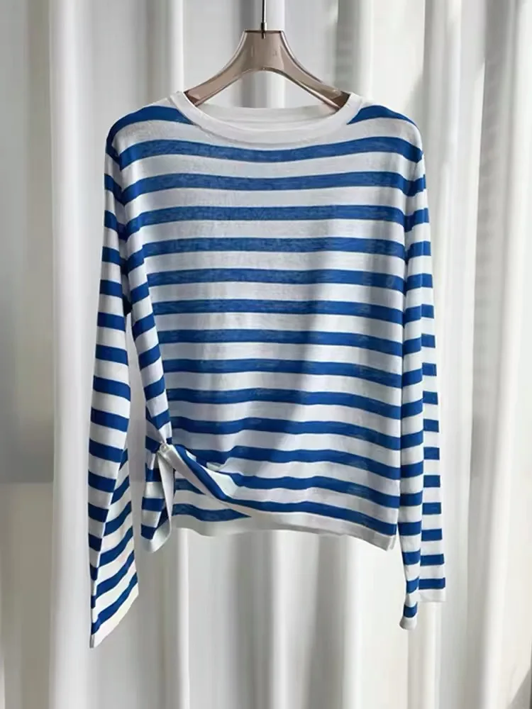

Потрясающая длинная футболка в синюю полоску, женская модная уникальная молодежная красивая корейская футболка из хлопка для поездок на работу