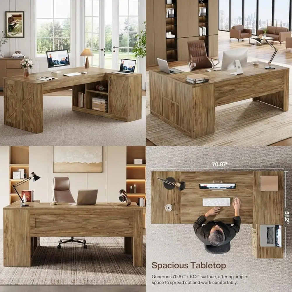 

большой L-образный деревянный офисный стол со шкафом для хранения и картотеки