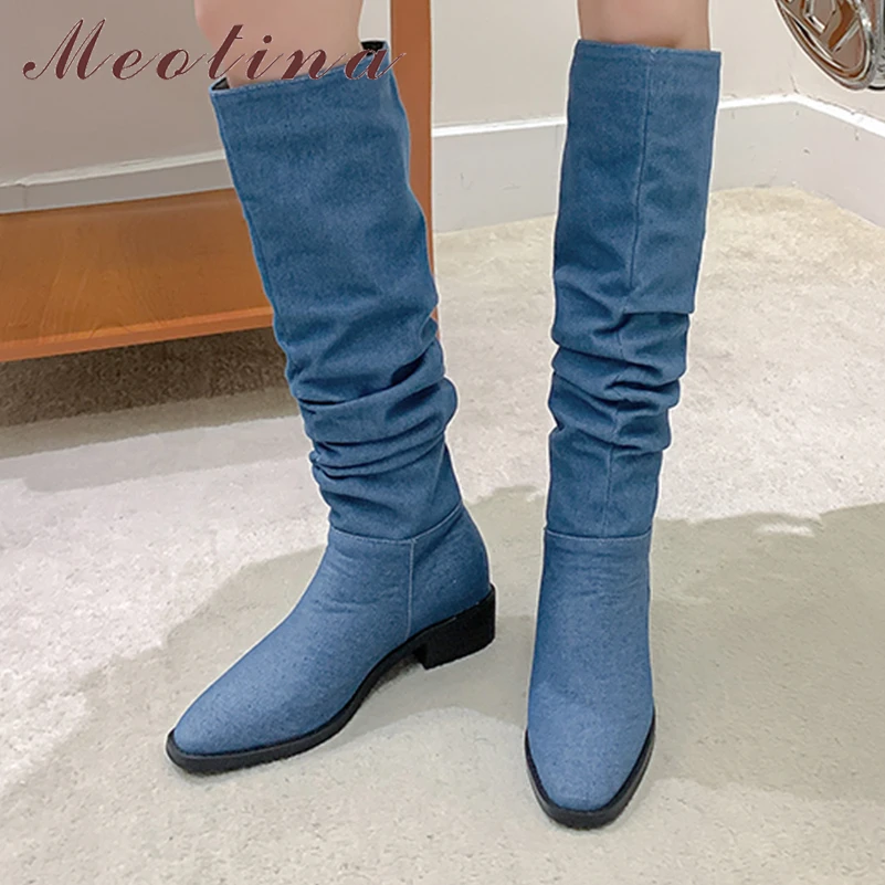 

Meotina Women Knee High Boots Round Toe Flats Pleated Long Boots Concise Ladies Fashion Casual Shoes Autumn Winter Light Blue 46