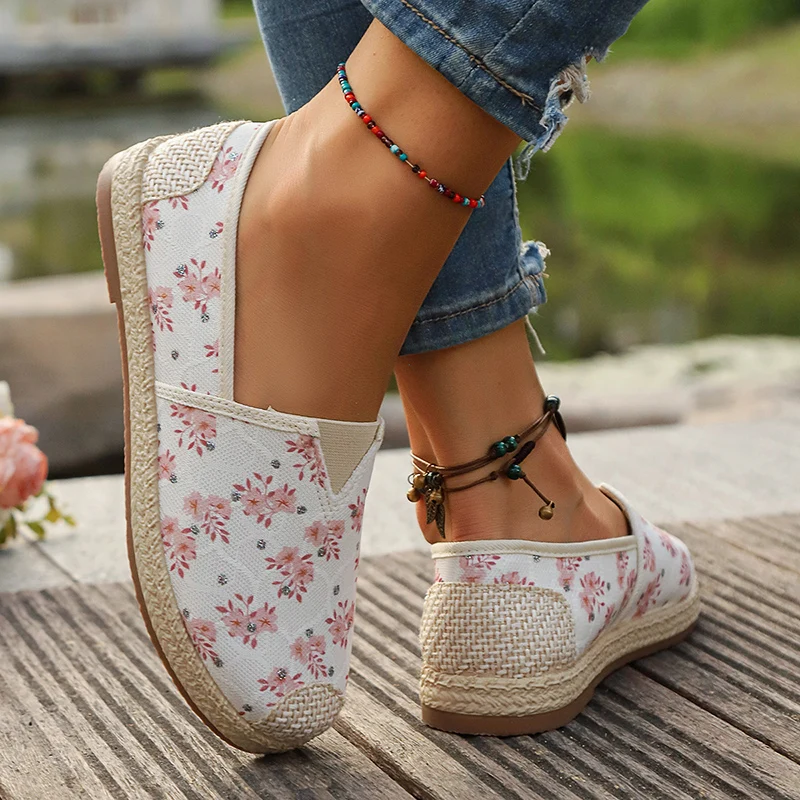 Ademende Canvas Flats Vrouwen Mode Bloemen Print Anti-Slip Espadrille Schoenen Voor Vrouw Herfst Comfort Platte Hak Casual Schoenen