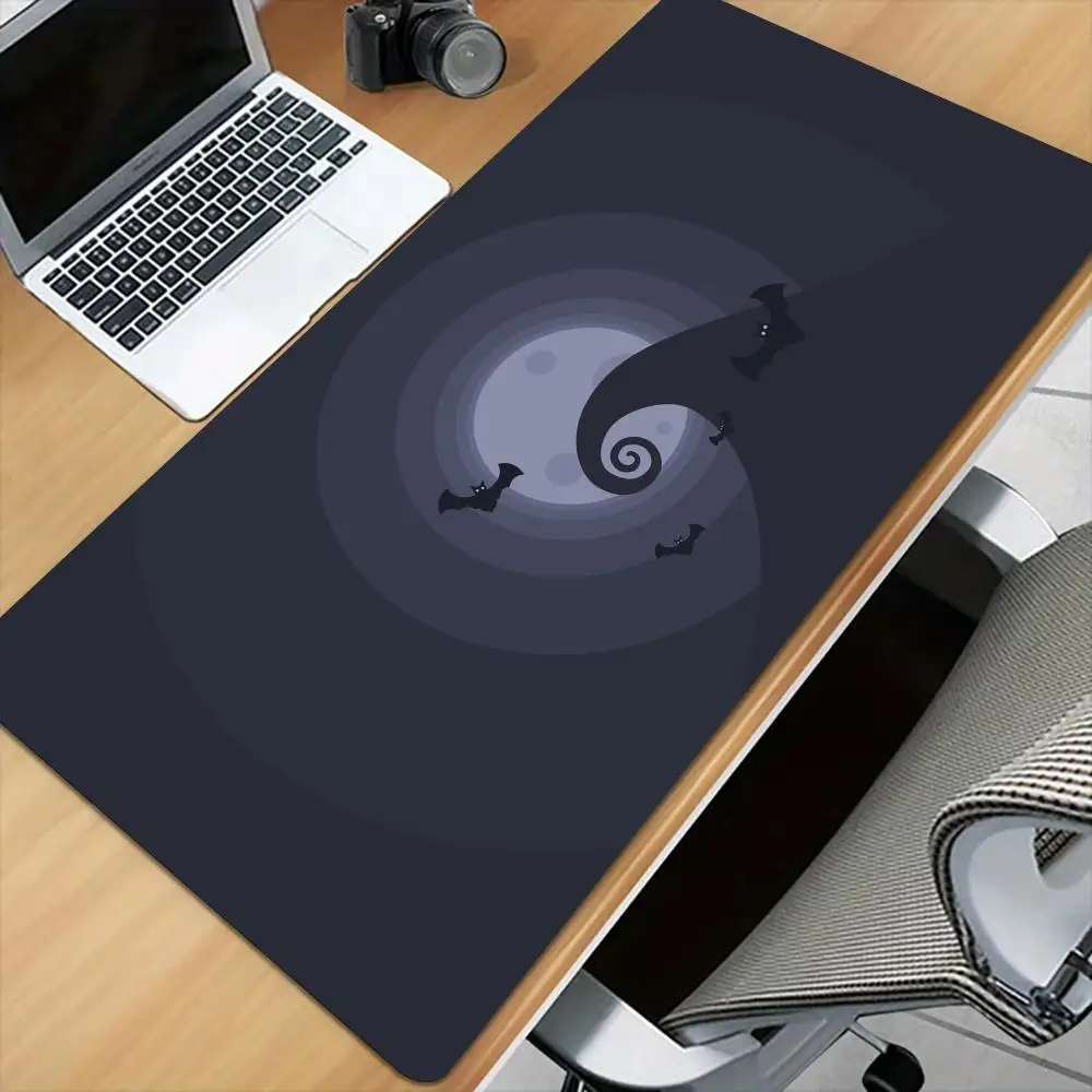 Grand tapis de souris design chauve-souris et pleine lune, tapis de bureau avec bord cousu, en caoutchouc, antidérapant, durable, illustration d'halloween