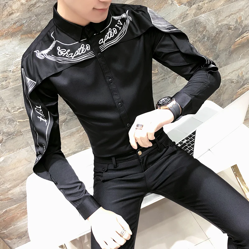 Fashion Shirt Men Shawl Print Slim Fit Mens Long Sleeve Tuxedo s Black White Trendy Nightclub Prom Dress Male