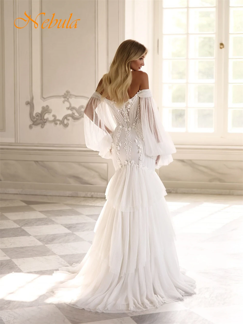 Customized Boho White Chiffon Wedding Dress Formal Sweetheart Long Sleeves Bridal Gowns Soft Mermaid Sweep Train Robe de mariée