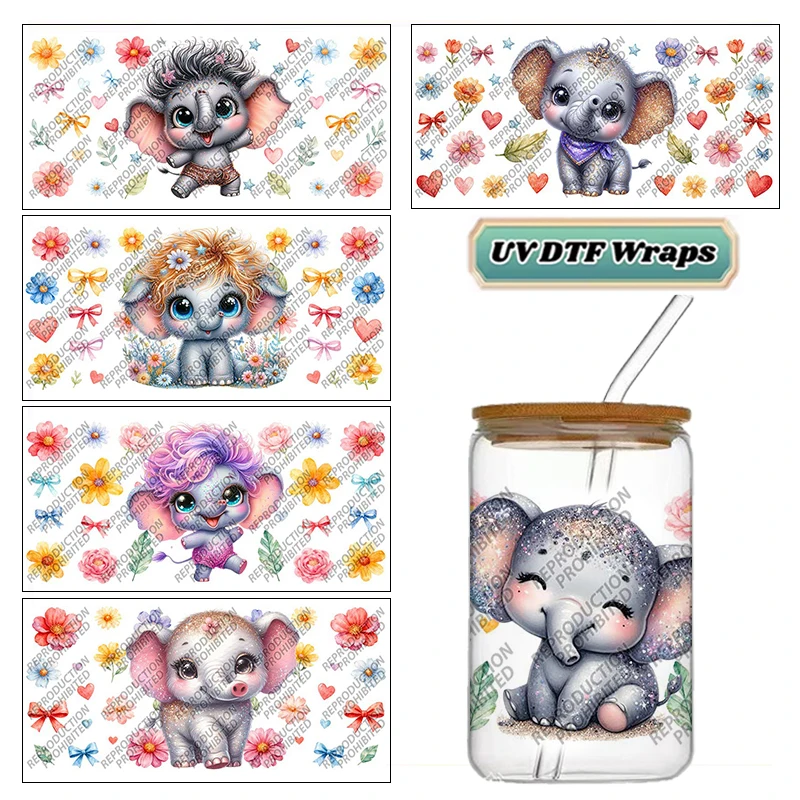 Cute Floral Baby Elephant UV DTF Cup Wrap Stickers Waterproof No Heat Transfer for 16oz Libbey Glass Can Tumbler Decal