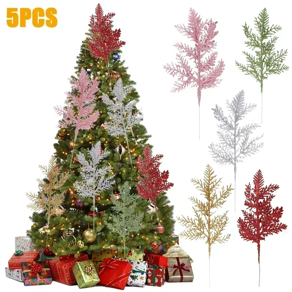 Branches de feuilles artificielles enrichies pour Noël, plantes simulées dorées, guirxiété de paillettes, ornement d'arbre de Noël, décoration de la maison, nouvel an, 5 pièces