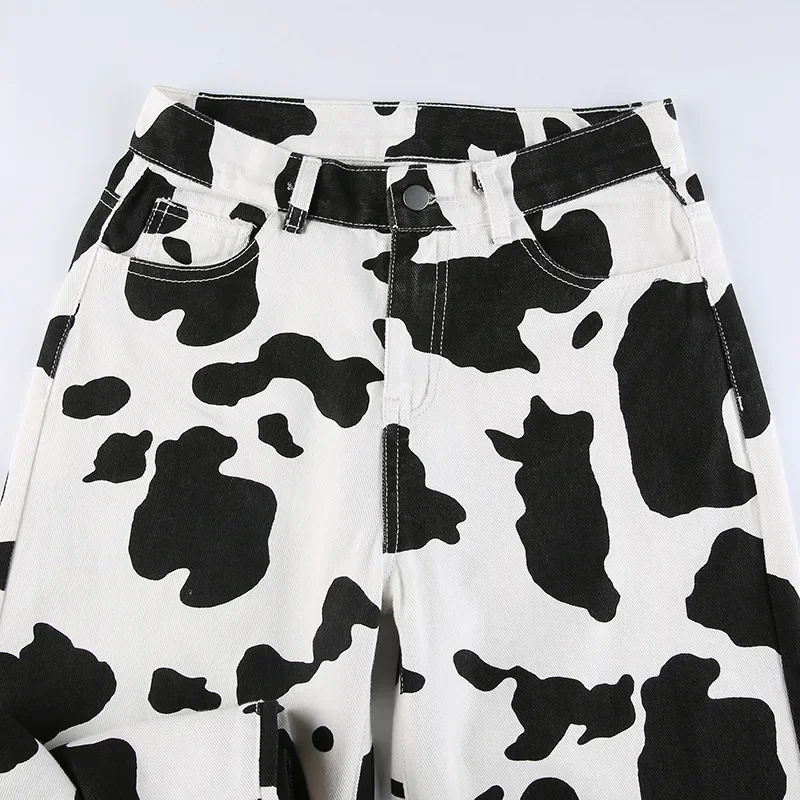 Hip Hop Patchwork Cow Jeans Women Straight Baggy Long Pants Korean High Waist Trousers Wide Leg Denim Jeans Streetwear