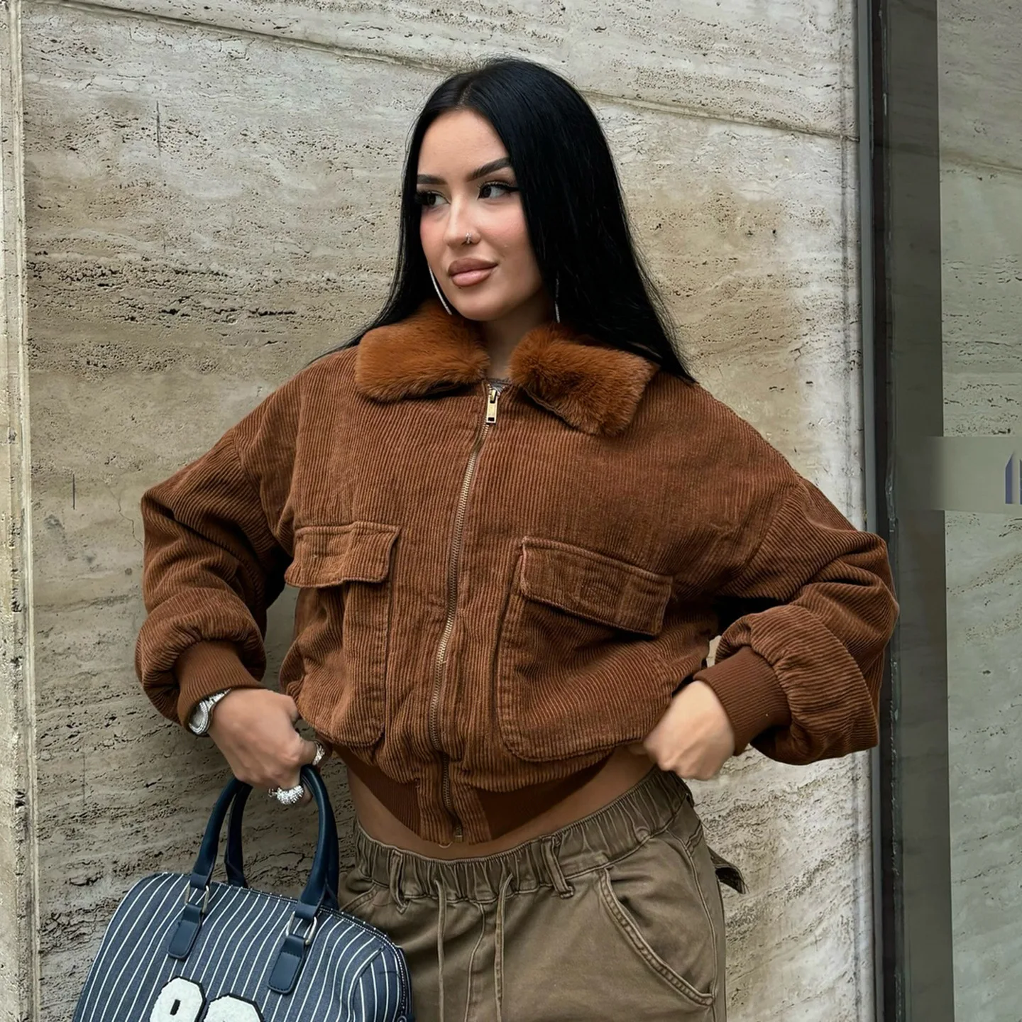 

Fashion Fur Patchwork Corduroy Jacket Women Vintage Brown Long Sleeves Pocket Crop Jackets Female Streetwear