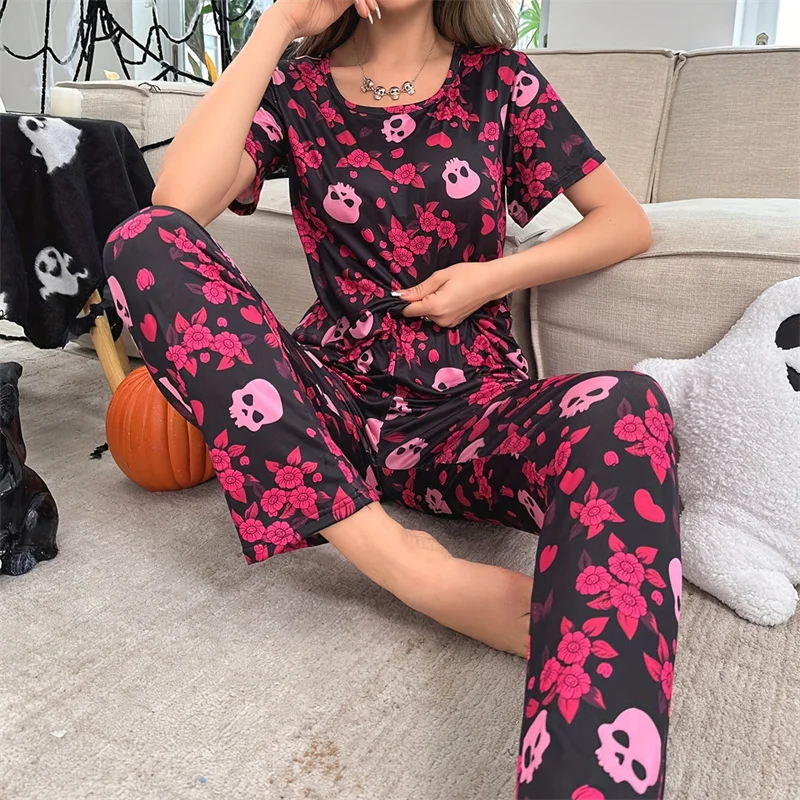 hirigin Women Halloween Pajama Sets Short Sleeve Skull Floral Print T-shirts Tops and Long Pants Set Sleep Loungewear 2024 Suits