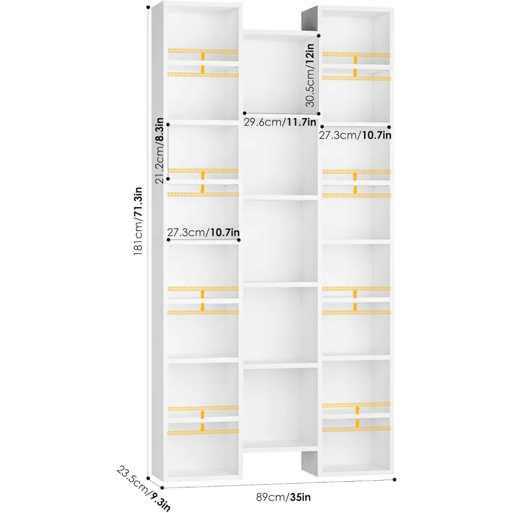 رف كتب ثلاثي واسع باللون الأبيض مع 8 أرفف قابلة للتعديل، وبرج تخزين أقراص CD DVD، وخزانة عرض للمكتب المنزلي #2