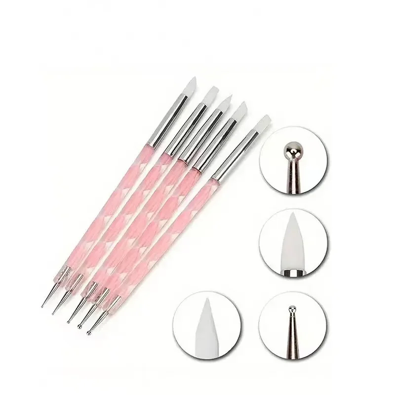 5Pcs 2 Way Nail Art Acrylic Silicone Point Flower Nail Pen Stainless Steel Dotting Tools Marbleizing Painting Pens