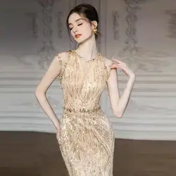 Gold Bride Wedding Banquet Gown Luxury Sequins Mermaid Vestidos Long Robe De Soiree Lady Sleeveless Cheongsam Maxi Dress