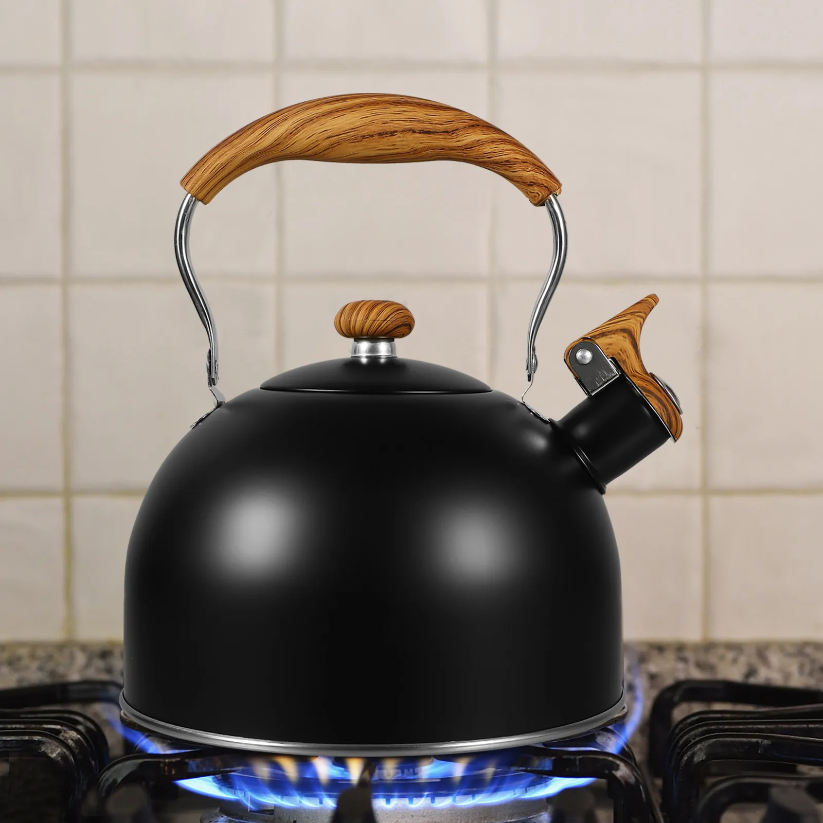 1Pcs Whistle Teakettle Wooden Handle 2.5L Food Grade Stainless Steel Stylish Colored Surface Water Boiling Kettle Home Hotel Use