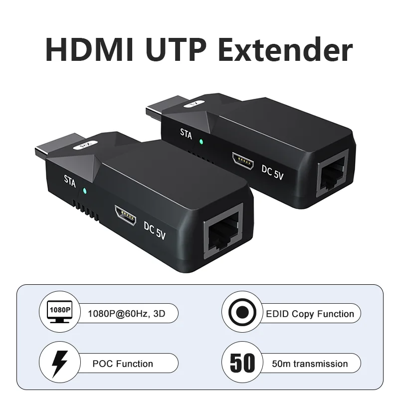 HDMI Extender 165ft Audio Video 1080P Over Cat5 Cat6 Ethernet Cable Transmit Lossless Signal Long Distance Extension Adapter