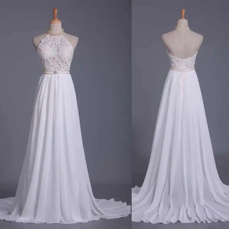 

Elegant Wedding Dresses Halter Neck Sleeveless Beaded Lace Appliques Sweep Train Bridal Gowns Customized Vestidos De Novia