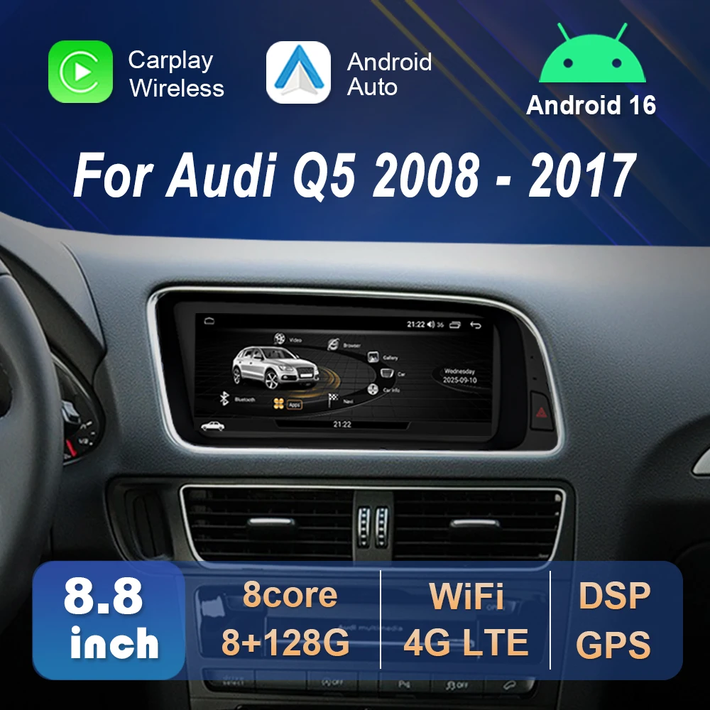 8,8 Zoll QLED-Bildschirm Android 16 Auto-Video-Multimedia-Player für Audi Q5 2008 2009–2017 Wireless Carplay HD Touchscreen GPS