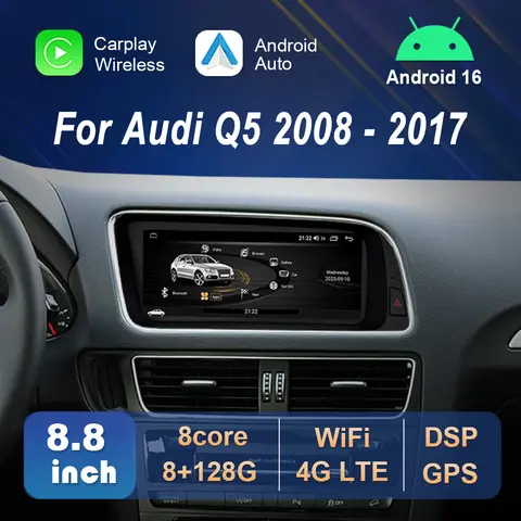 Lecteur multimédia vidéo de voiture Android 16, écran QLED de 8.8 pouces, pour Audi Q5 2008 2009 – 2017, écran tactile HD sans fil Carplay, GPS