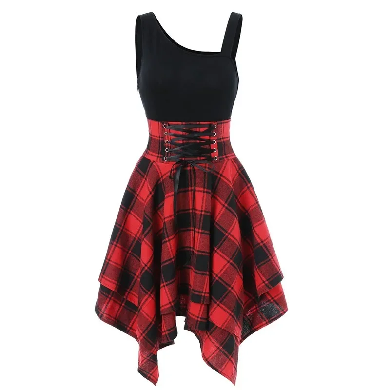 

New Womens Dresses Punk Gothic Plaid Patchwork Lace Up Dress Y2k Off Shoulder Irregular Harajuku Vestidos Mujer Streetwear 원피스