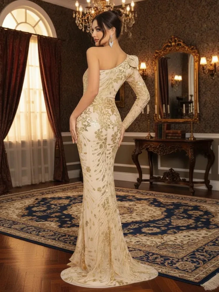 Robe de soirée élégante à paillettes dorées, asymétrique épaule dénudée, longueur au sol, manches longues, robe d'événement pour femmes