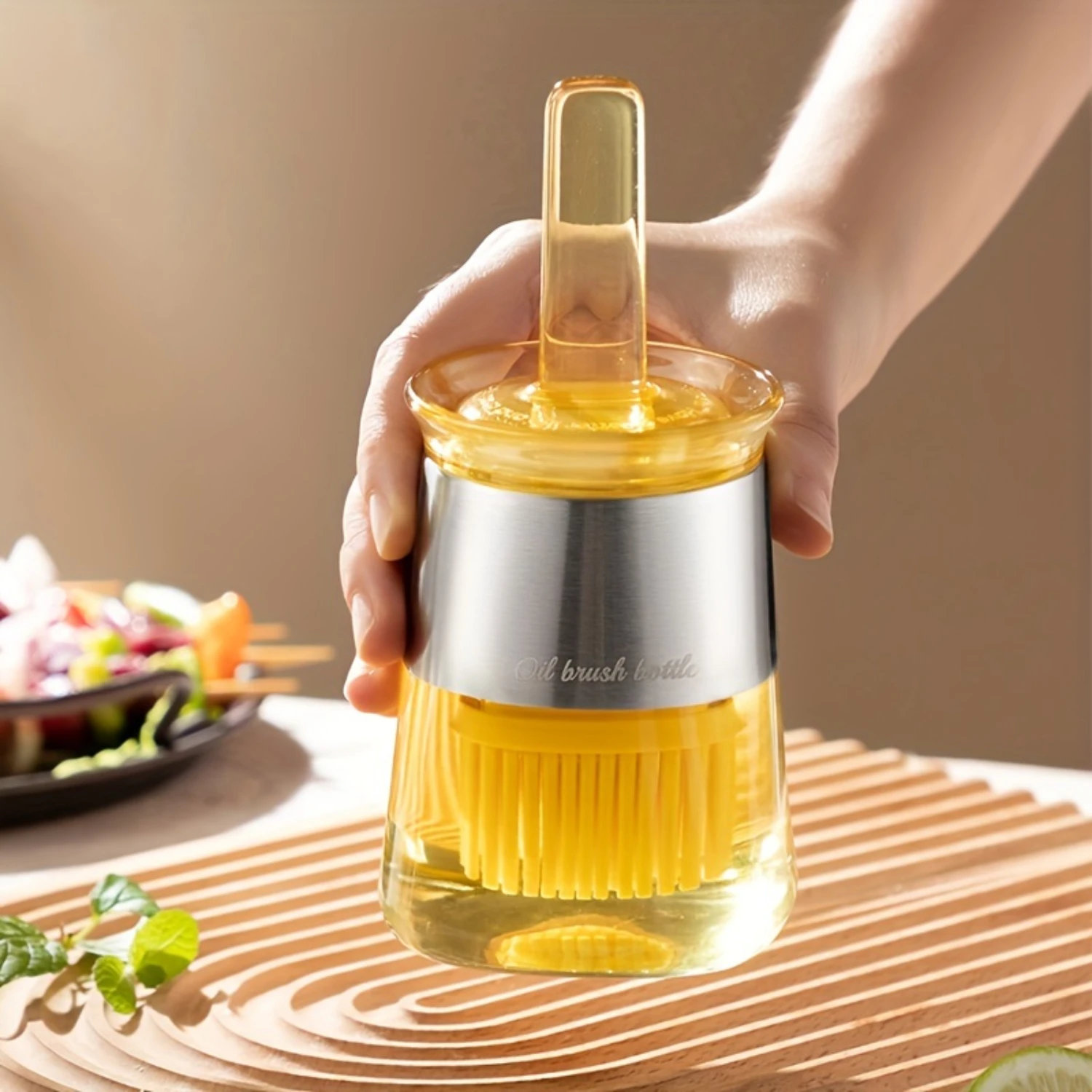 Glass Oil Bottle with Removable Silicone Basting Brush - Food Grade Kitchen Baking & Grilling Dispenser Set