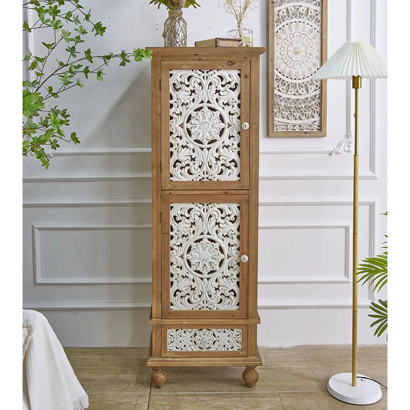 Home Accent Farmhouse Style Dining Room White Carved Doors Solid Wooden Mdf Sideboard Tall Storage Cabinet With Drawer