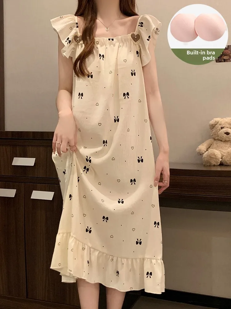 

Sweet Cloud Cotton Women's Spwear Summer Thin Strap Nightgown with Chest Pad Cute Home Clothes Polyester Fiber Elastic Fiber