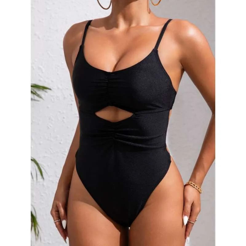 Damesbadpak met metalen ringaccenten 2025 - Nieuw sexy zwarte borstuitsparing op de rug, gekruist vastgebonden uit één stuk voor stranduitstapjes en zwembad