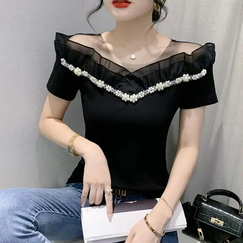 Manga curta um ombro malha splice camiseta feminina design sentido plissado borda superior processo de colagem moda casual wear