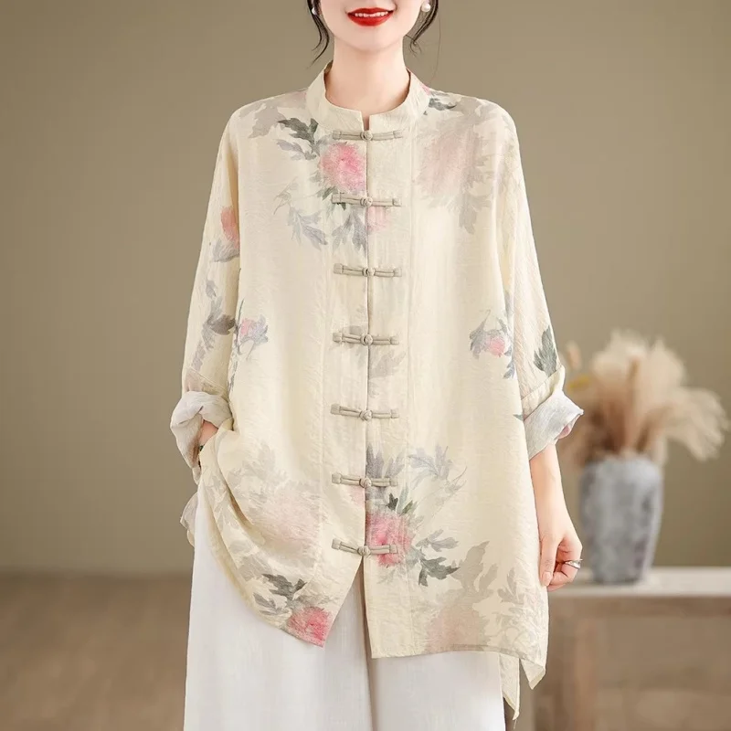 

Women's Elegant Printed Shirt Jacket- Chinese Style Button Cardigan | Spring Summer Lightweight Blouse W2122 | Boho Chic Top