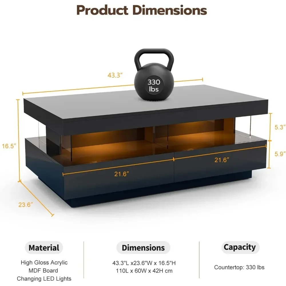 Xmsj Salontafel Met Acryl Design Open Ruimte En 2 Opslag Laden Met 16 Kleuren Led Licht Voor Woonkamer Slaapkamer, Koffie