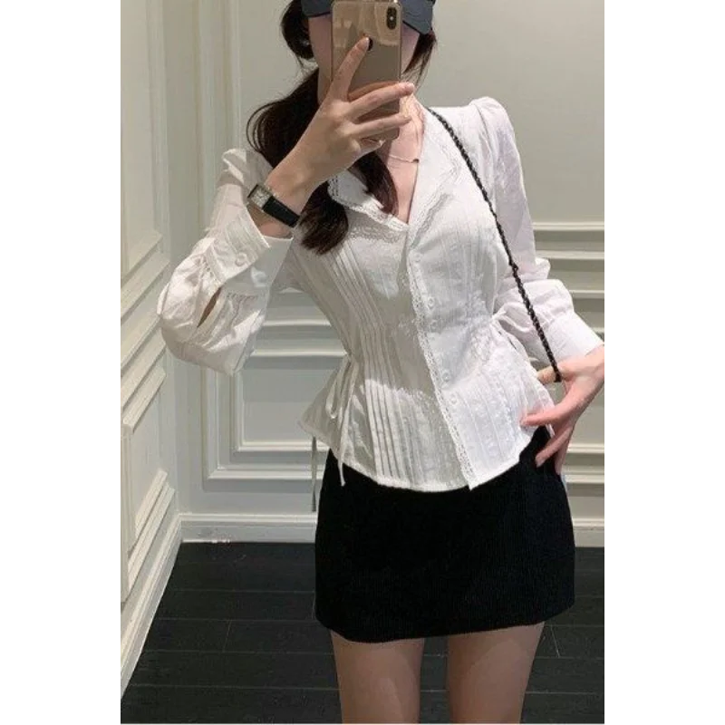 

Высококачественная сверхпрочная плиссированная белая рубашка с длинными рукавами для женщин, осенние универсальные топы для похудения талии