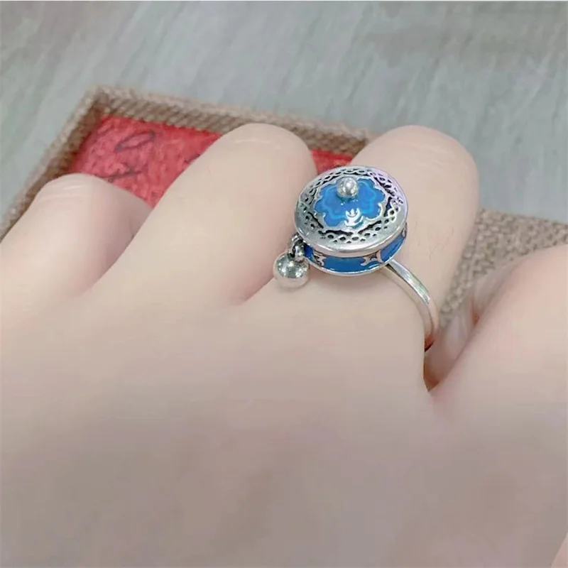 Buddha Six Character Mantra Rotating Sutra Tube Ring For Lady Finger Accessories Cloisonn  Burnt Blue Open Size Women Ring