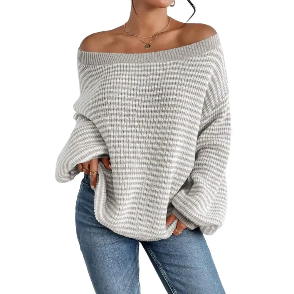 Solid Minimalist Knitting Sweaters For Women Diagonal Collar Long Sleeve Off Shoulder Pullover Sweater Female New