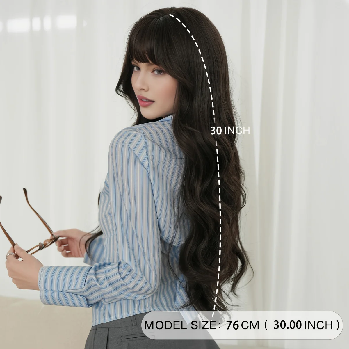 High-density heat-resistant synthetic wig for everyday parties, long voluminous curly black-brown wig for women
