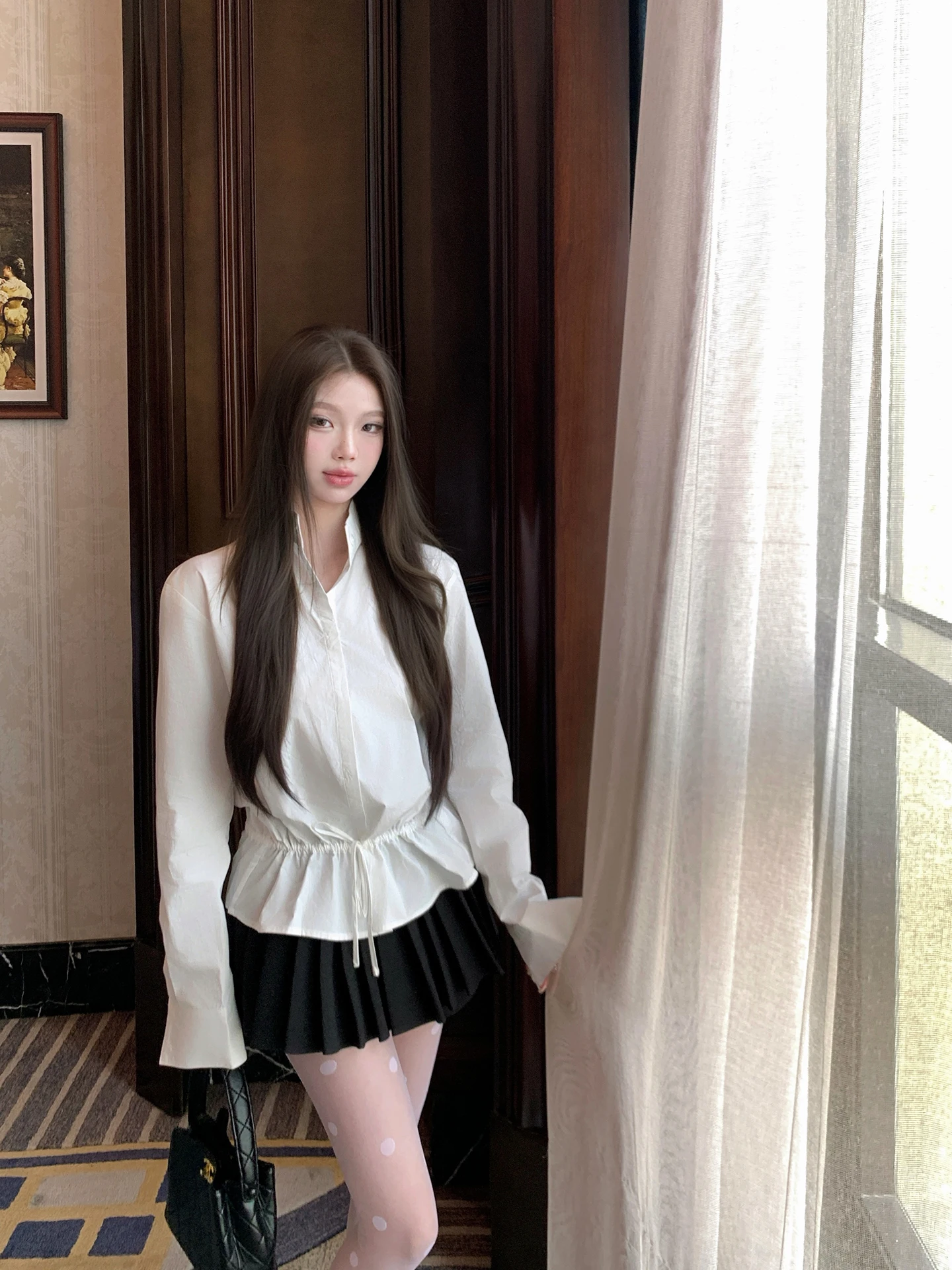 

EU Korean Sle Lazy Feel Casual Dstring Waist irt Women's Spring New Elegance Stand Collar Top Breathable Cotton Lon...