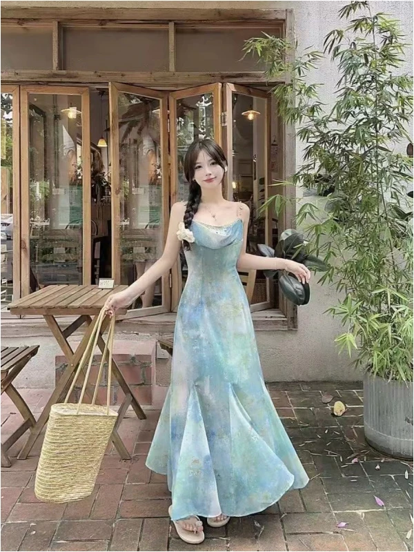 Verano Vaion Sle Strapl Dr Mujer Salida en la playa PINTURA AL ÓLEO BDING Falda acampanada Larga Dr Fairy T Ele