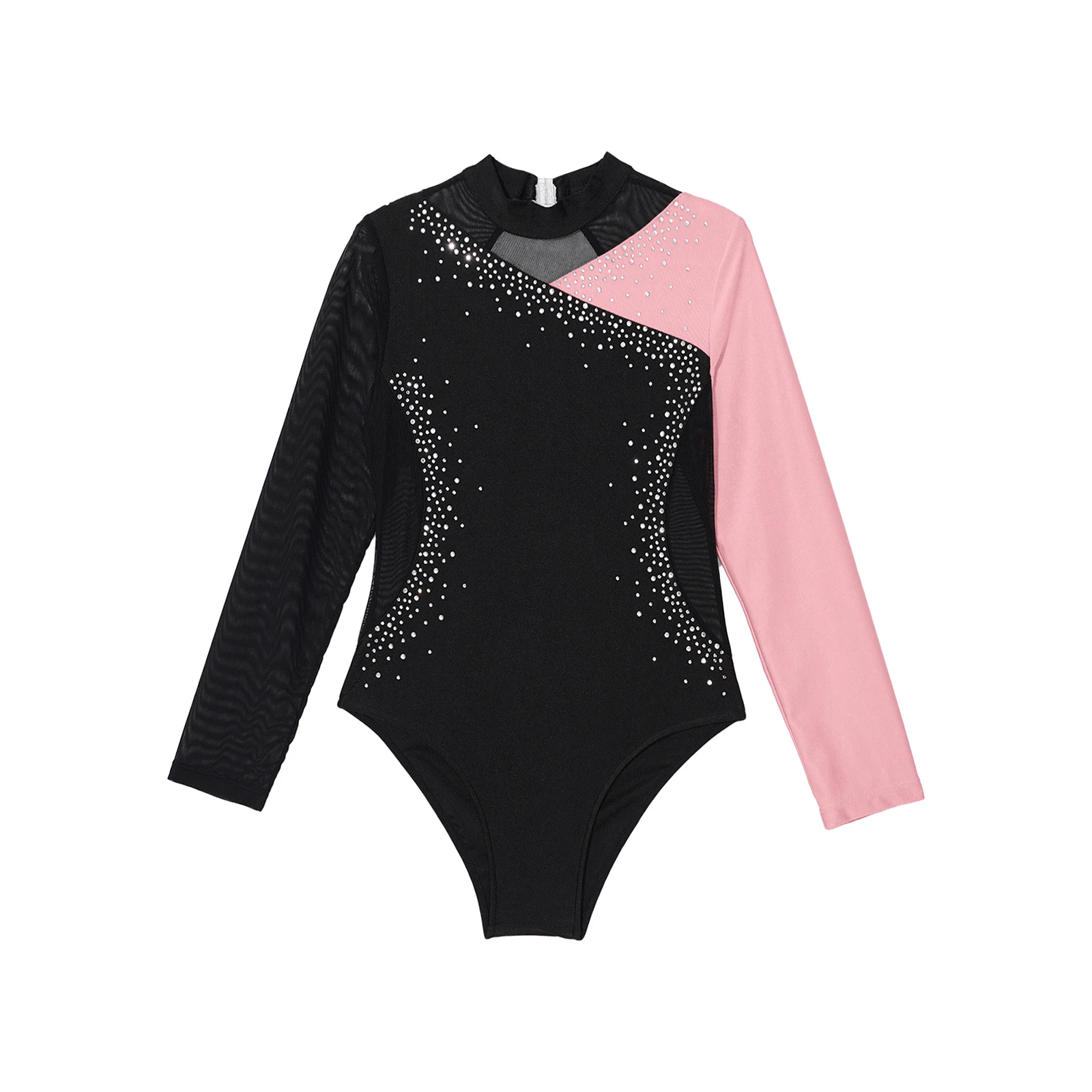 Rhythmic Gymnastics Jumpsuit for Girls Figure Skating Ballet Dance Costume Shiny Sheer Mesh Long Sleeve Cutout Back Bodysuit